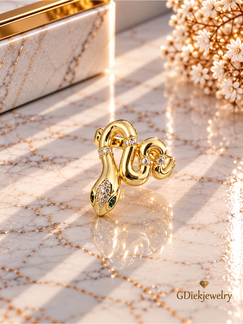 Gold Filled Adjustable Snake Ring with Green Accent Stones